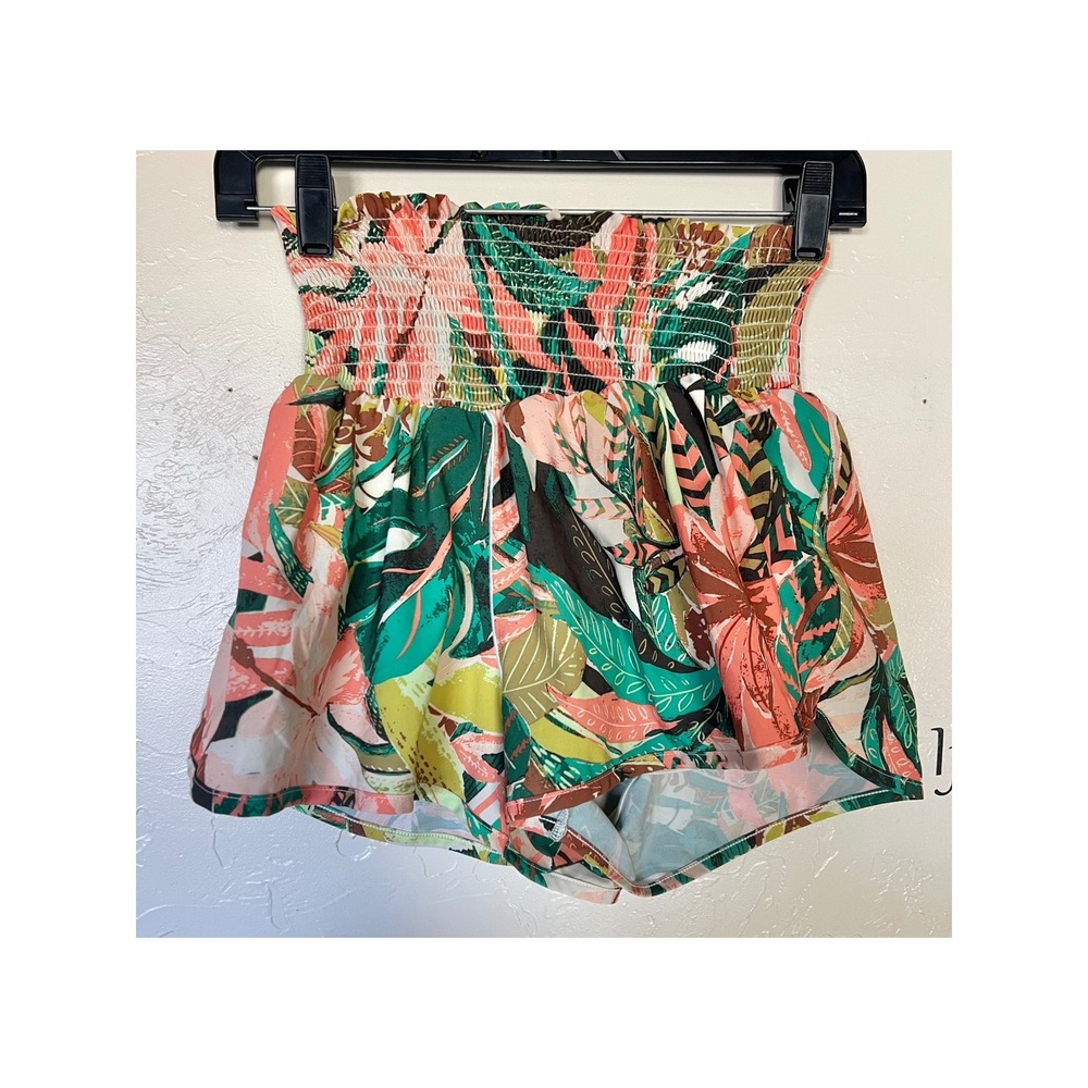 Offline by Aerie Real Me Tropical botanical Smocked Shorts Green Coral Floral S